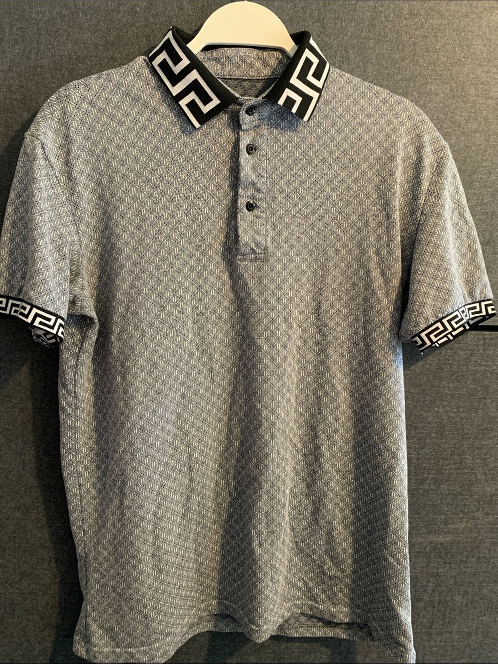 Men's Gray Patterned Polo with Black Trim Collar
